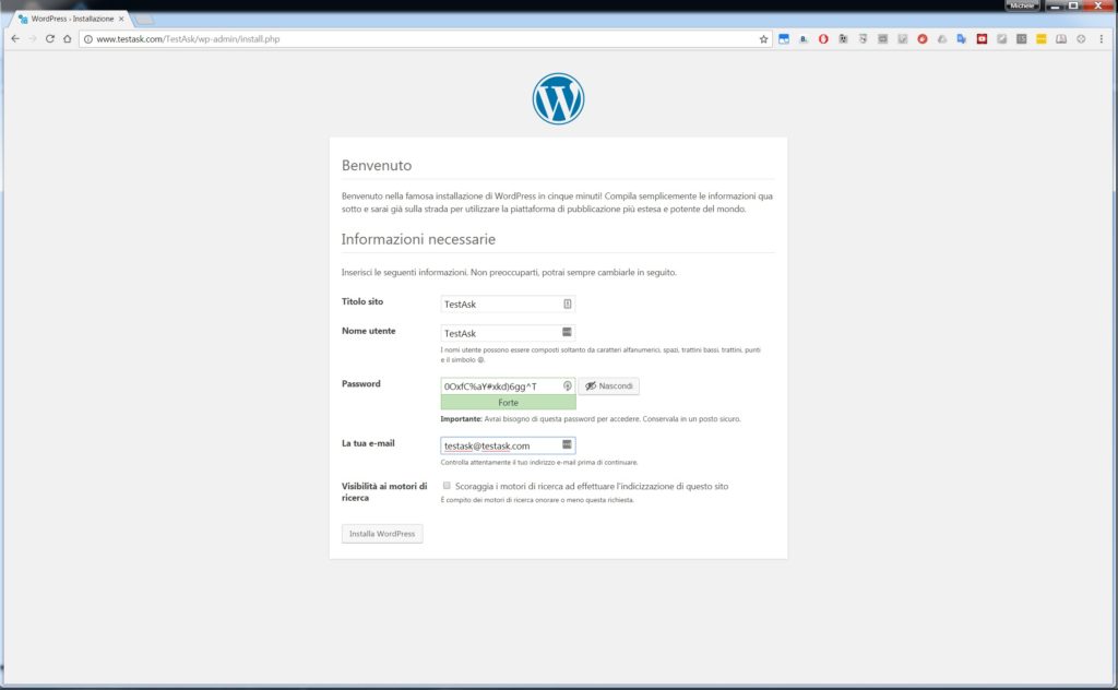 Connessione alla prima installazione - Installare WordPress