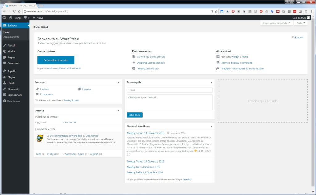 Schermata backend WordPress - Installare WordPress