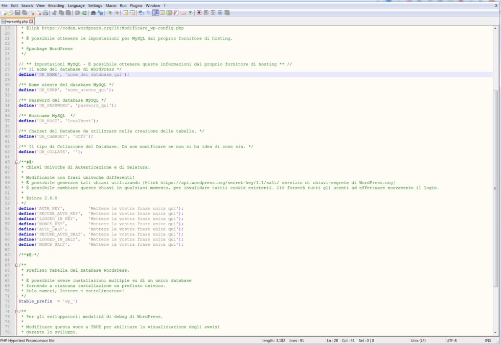 wp config pre key user - Installare WordPress