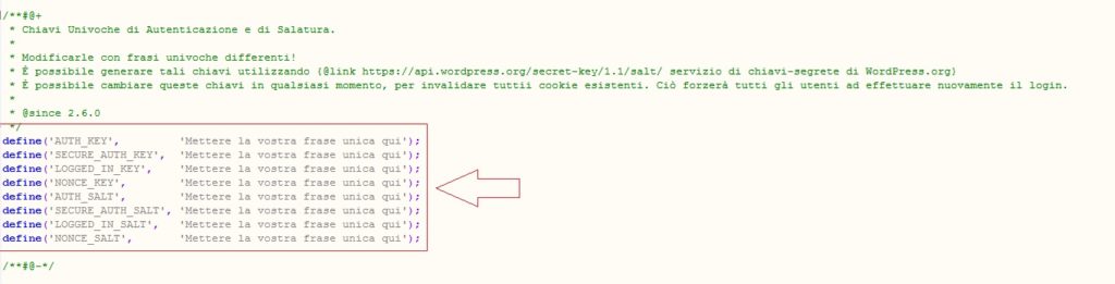 immettere salt key - Installare WordPress
