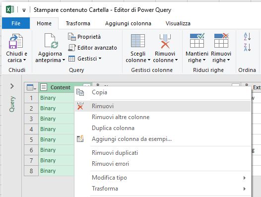 Come stampare un elenco dei file di una cartella - Excel - Rimuovi Colonna Content