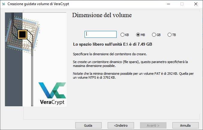 Come criptare USB - Dimensioni Volume